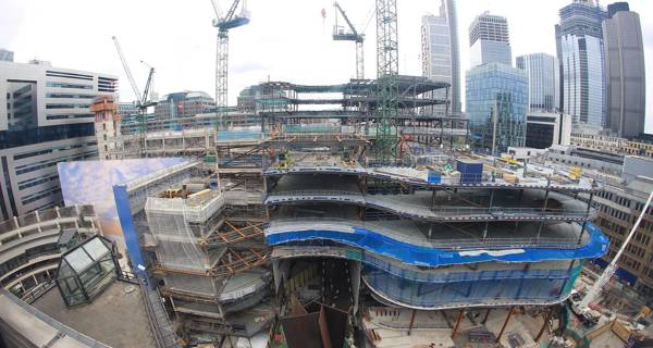 An aerial photograph showcasing 100 Liverpool Street building in construction and its surrounding area